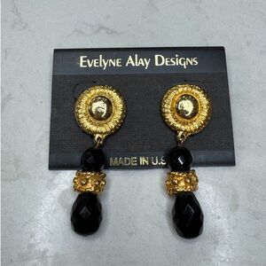 Vintage Evelyne Alay Black Glass Clip On Drop Earrings Gold Tone 2.5” 1990s USA
